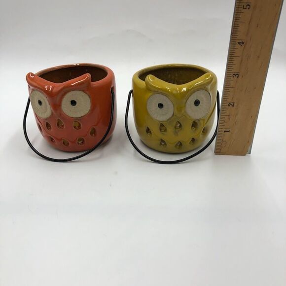 Vintage Gerson International Ceramic Owls Set of 2 with Handles Orange Yellow - Picture 9 of 11